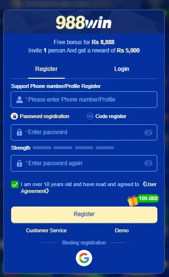 login and registration 988win game apk