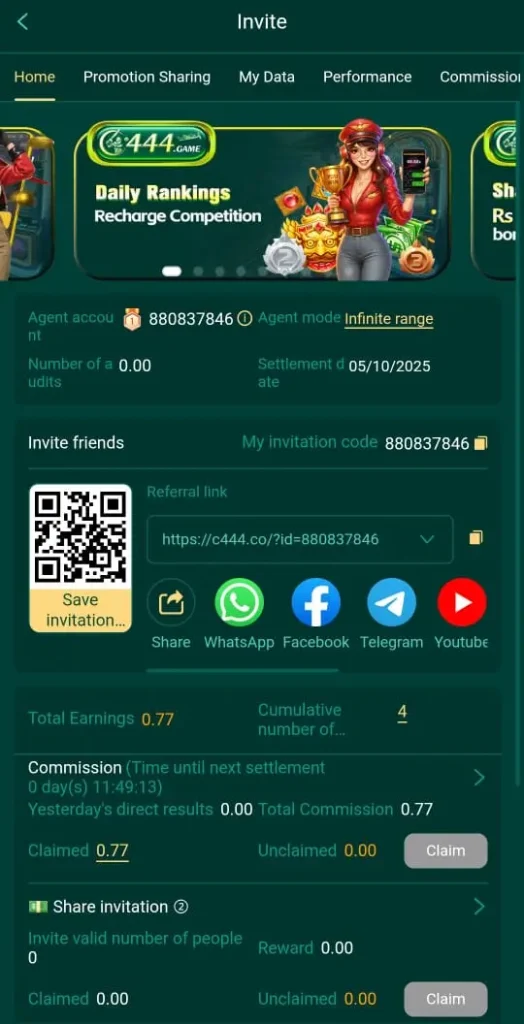 refer and earn money with c444 game