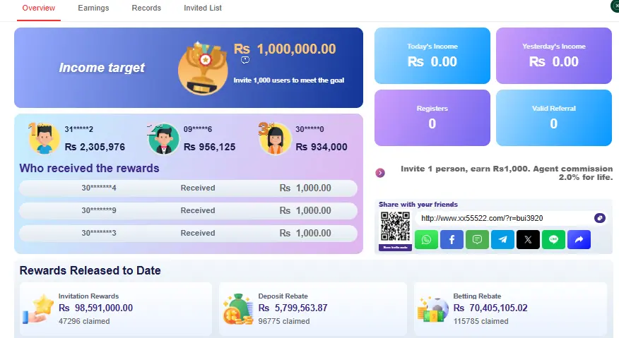 refer and earn real money xx555 game